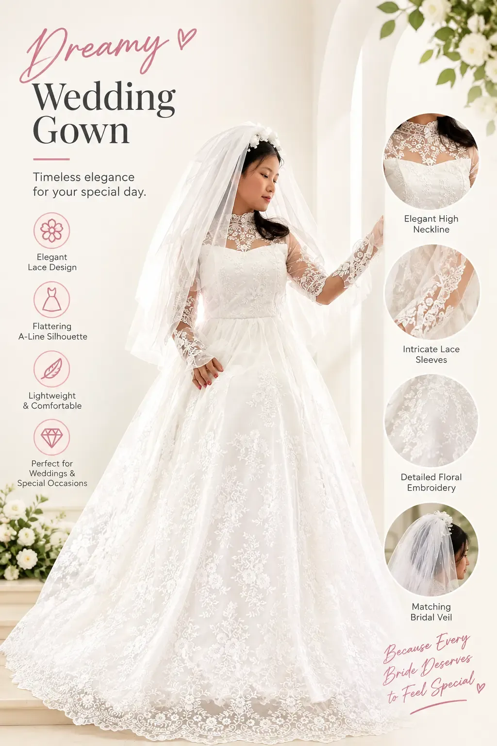 Elegant White Lace Bridal Wedding Gown