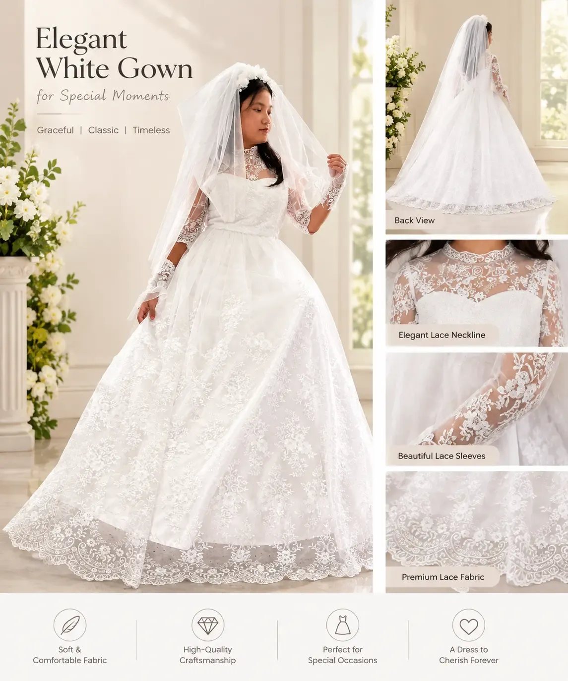 Elegant White Lace Bridal Wedding Gown - Image 3