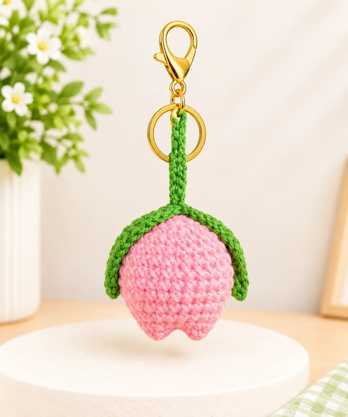 Handmade Crochet Pink Berry Keychain