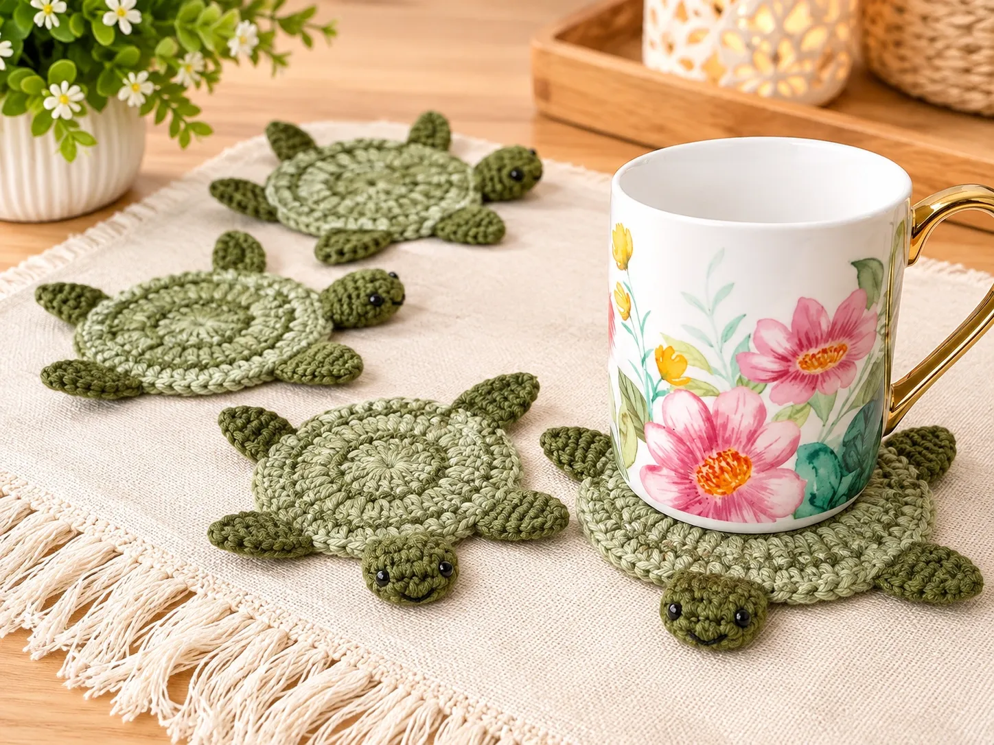 Handmade Crochet Turtle Coaster Set of 4