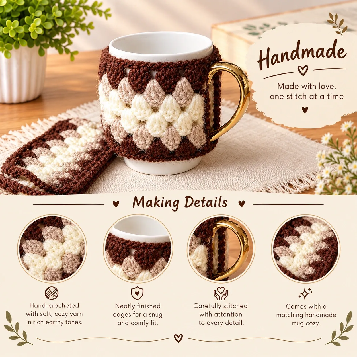 Handmade Crochet Mug Cozy with Matching Mug Mat