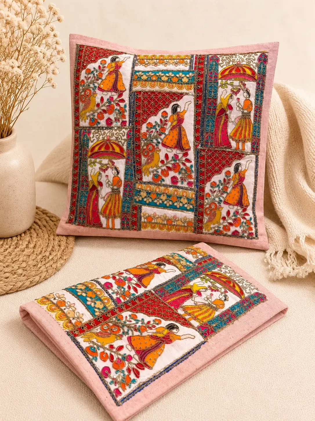 Handcrafted Folk Art Embroidered Cushion Cover
