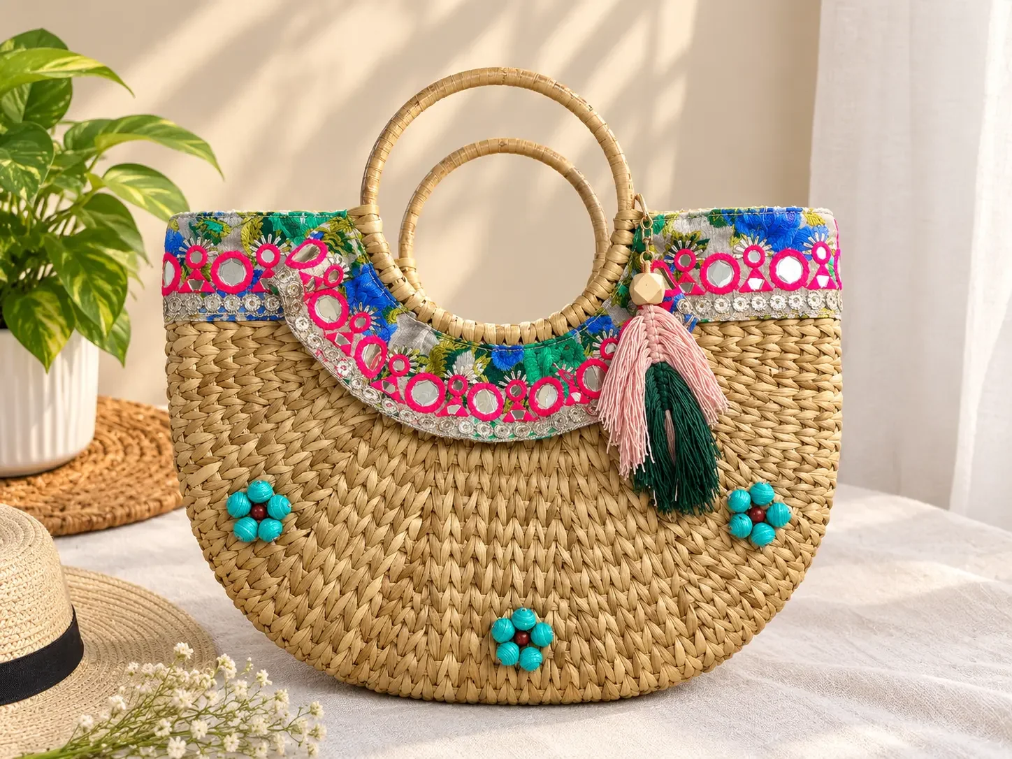 Handwoven Water Hyacinth Embroidered Tote Bag