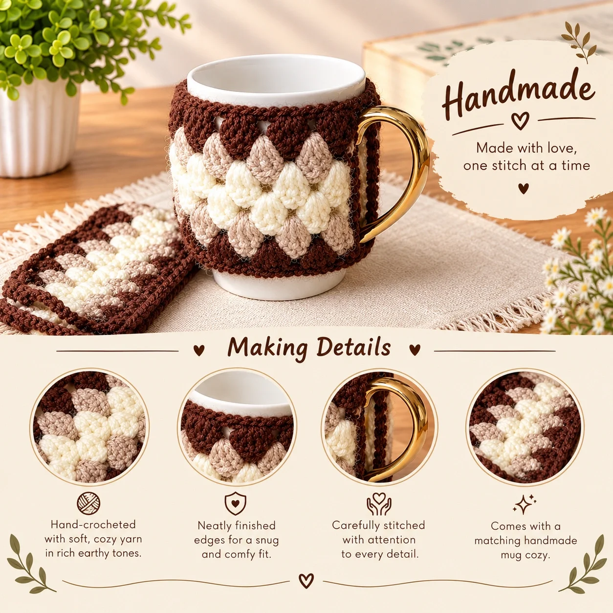 Handmade Crochet Mug Cozy with Matching Mug Mat