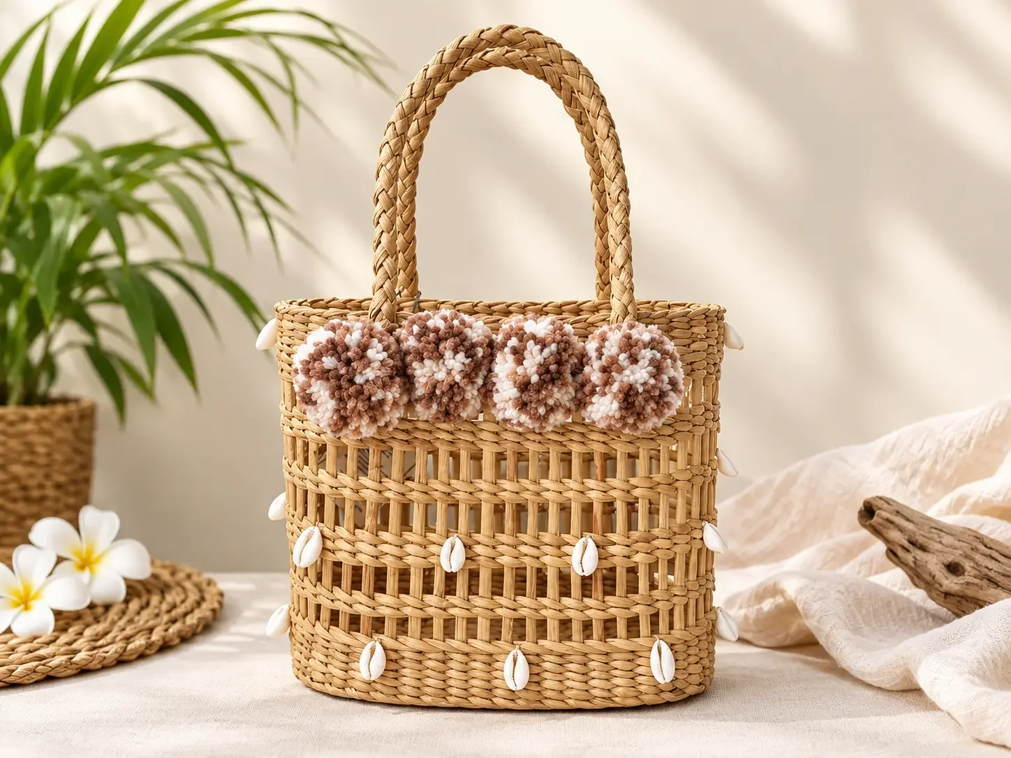 Handmade Crochet Flower & Shell Basket Bag - Image 1