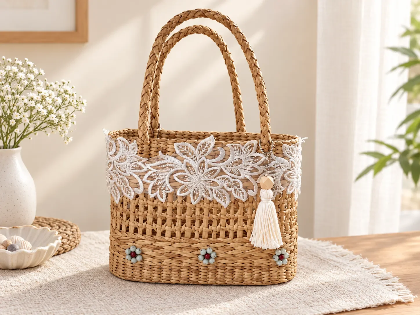 Handmade White Lace Floral Basket Bag