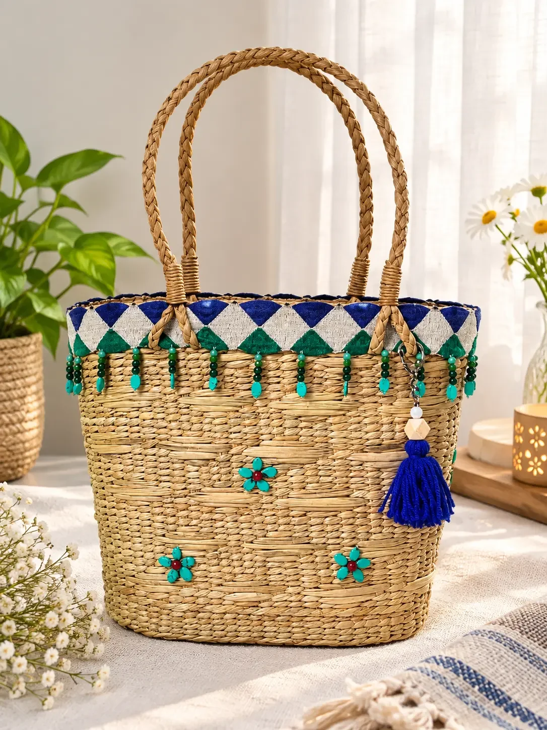 Handcrafted Woven Straw Tote Bag with Blue Embroidery