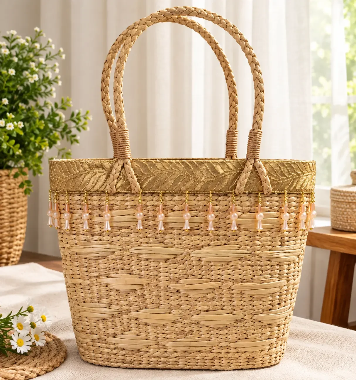 Handwoven Natural Woven Tote Bag with Pearl Tassels