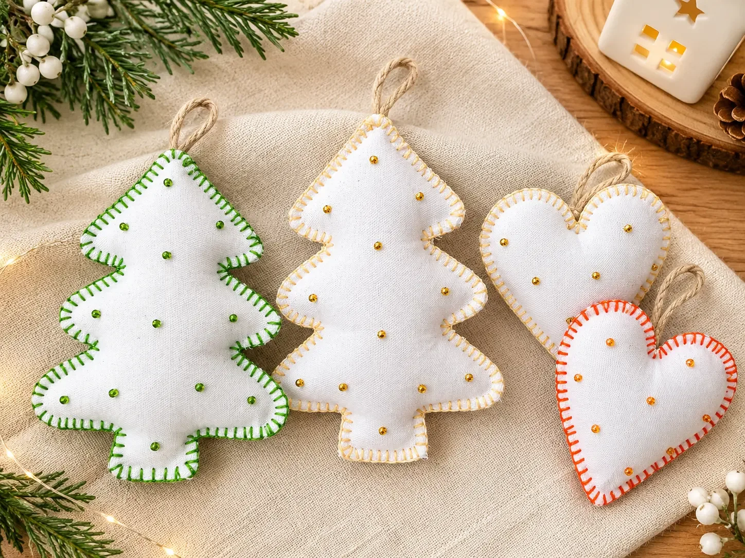 Handmade Fabric Christmas Tree & Heart Ornaments