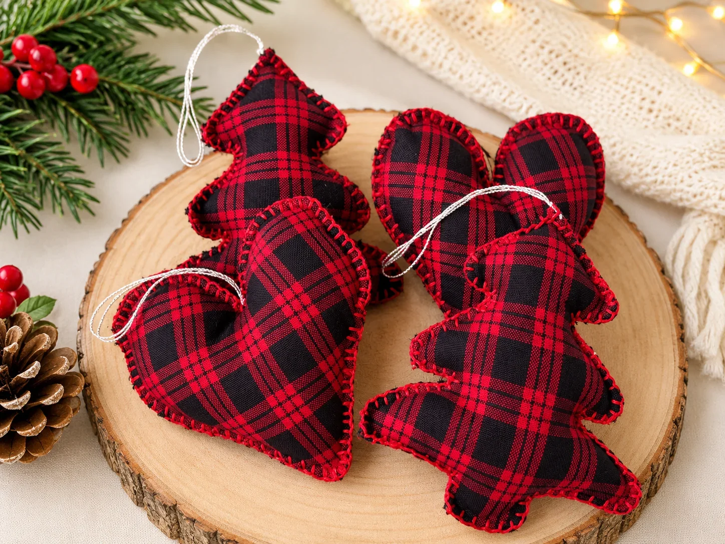 Handmade Red Plaid Christmas Ornaments Set