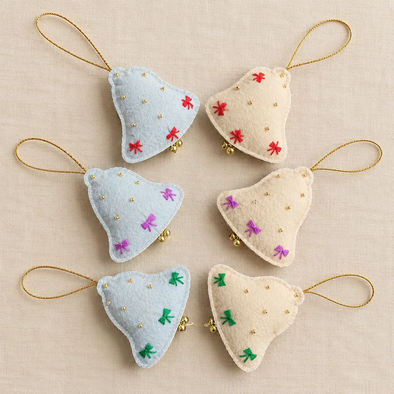 Handcrafted Felt Christmas Bell Ornaments – Set of 6
